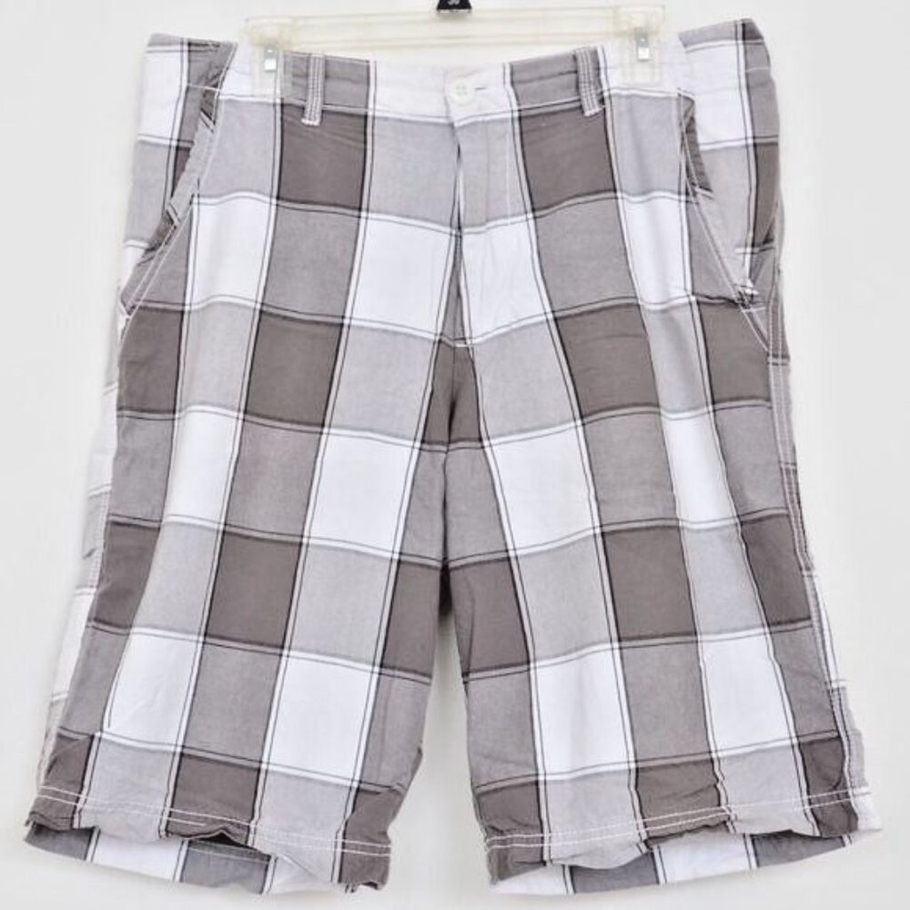 OP Ocean Pacific All Cotton Grey Plaid Summer Men's Shorts Size 36 Beach Surf - Picture 1 of 2